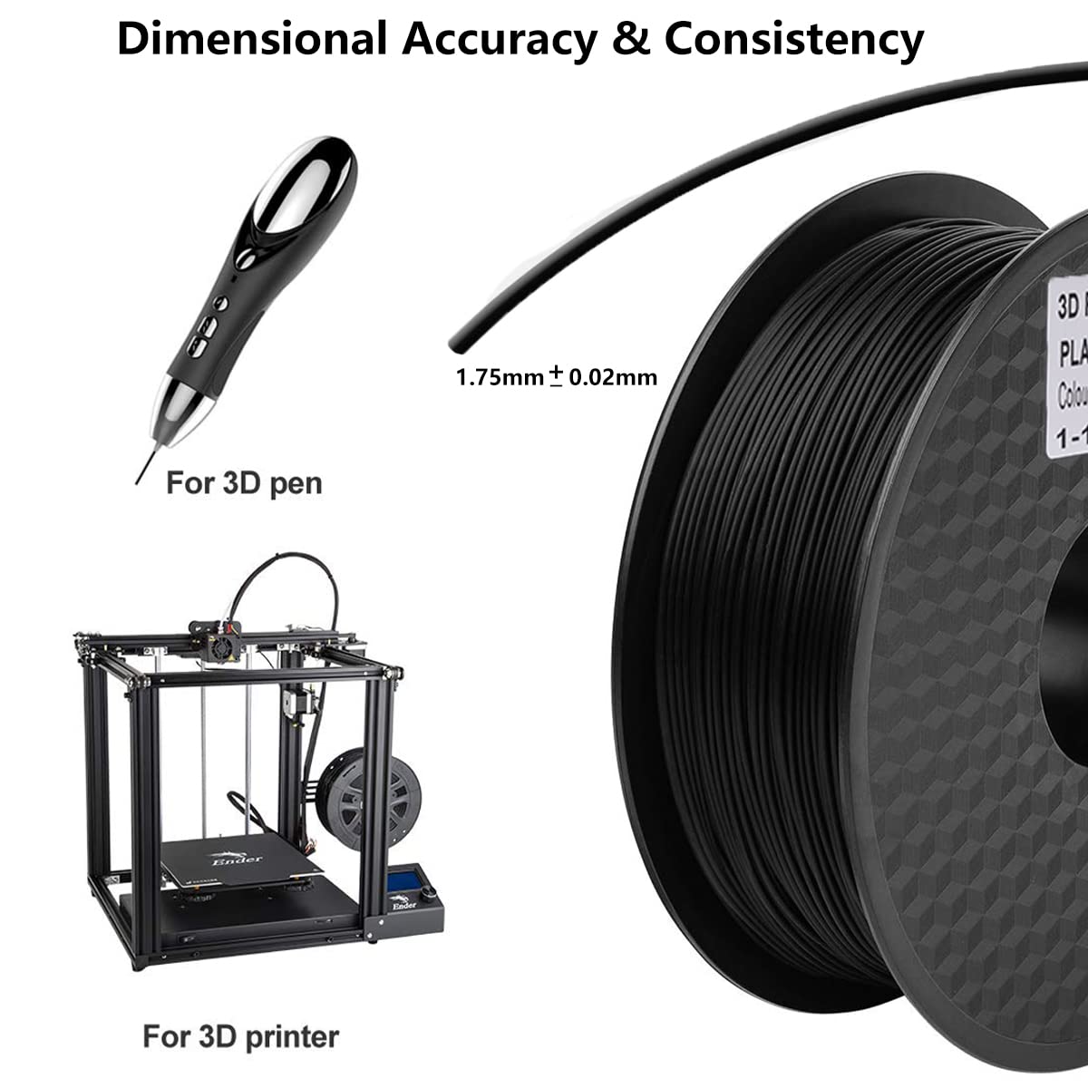 1.75mm 3D Printer Filament 3kg (Black/White/Gray)